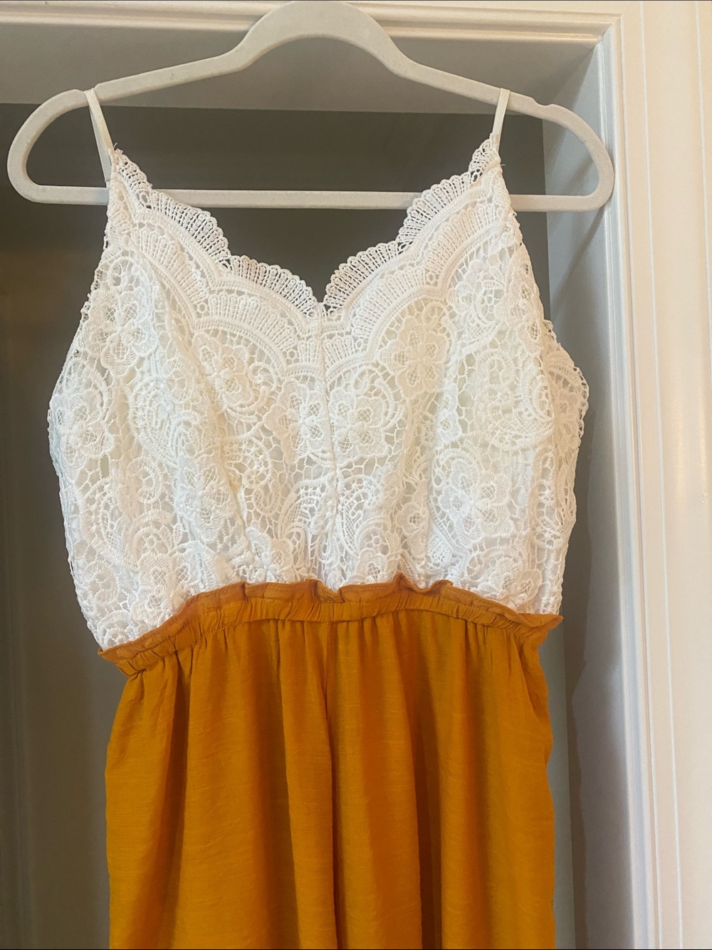 Papaya White Lace Bodice Mustard-Toned Wide Leg Jumpsuit - Sz L